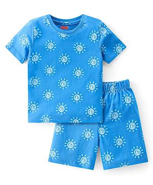 Babyhug Single Jersey Knit Half Sleeves Short Set Sun Print - Blue