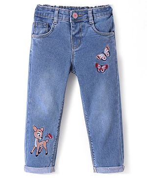 Babyhug Denim Full Length with Stretch Washed Jeans With Butterfly Embroidery- Blue