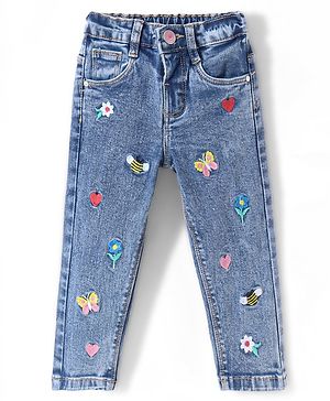 Babyhug Denim Full Length With Stretch Washed Jeans With Butterfly Embroidery - Grey