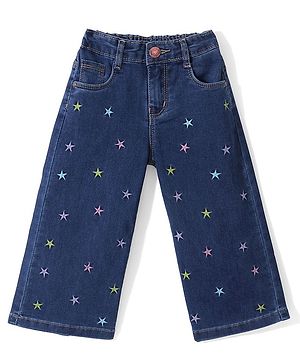 Babyhug Denim Full Length Tapered With Stretch Washed Jeans With Star Embroidery - Blue