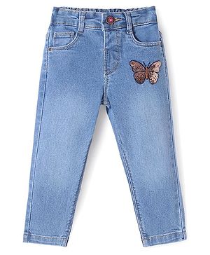 Babyhug Denim Full Length Jeans with Stretch Butterfly Applique - Blue