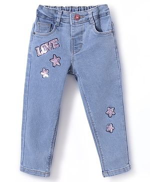 Babyhug Denim Full Length With Stretch Washed Jeans Text Print - Blue