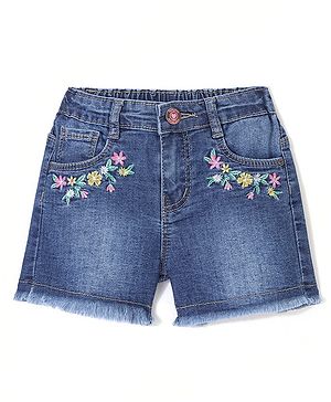 Babyhug Mid Thigh Length Washed & Stretch Denim Shorts With Floral Embroidery - Dark Blue
