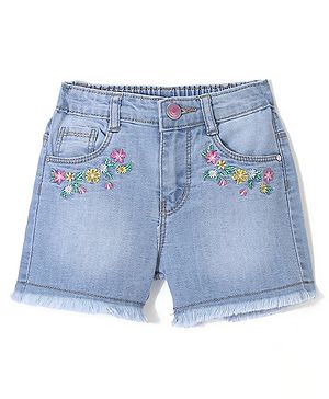 Babyhug Mid Thigh Length Washed & Stretch Denim Shorts With Floral Embroidery - Light Blue