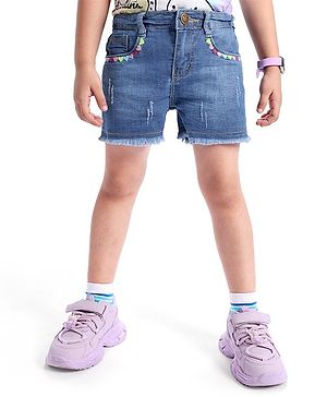 Babyhug Denim Mid Thigh Length Washed Shorts with Heart Embroidery - Navy Blue
