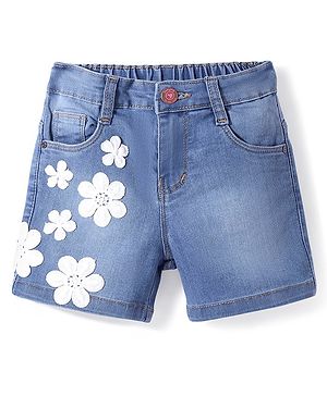 Babyhug Denim Mid Thigh Length With Stretch Shorts Floral Applique - Blue