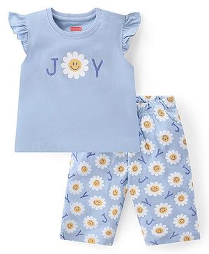 Babyhug Cotton Knit Single Jersey Frill Sleeve Night Suit With Floral Print - Purple