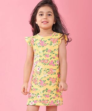 Babyhug Single Jersey Knit Half Sleeves Nighty with Frill Detailing Floral Print - Yellow