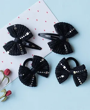 Ribbon candy Set Of 4 Mirror Work Embellished Bow Detailed Coordinating Hair Clips & Rubber Bands Set - Black