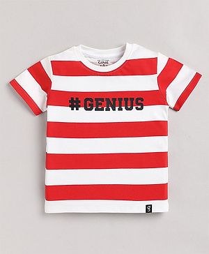 giniekids Cotton Jersey Half Sleeves Striped & Genius Text Printed Tee - Red