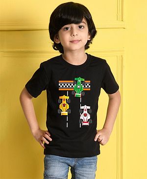 NUSYL Half Sleeves Racing Car Printed Tee - Black