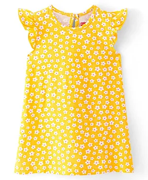 Babyhug Single Jersey Knit Half Sleeves Nighty with Frill Detailing Floral Print - Yellow