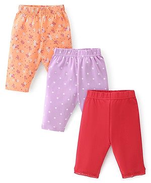 Babyhug Cotton Lycra Three Fourth Length Leggings Polka Dot & Floral Print Pack of 3- Multicolor