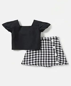 M'andy Cotton Cap Sleeves Checked Top & Skirt Set - Black