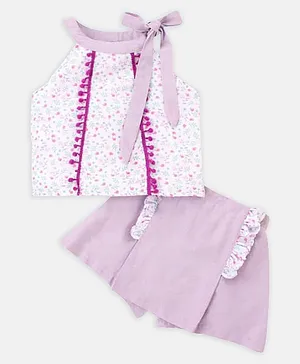 M'andy Cotton Halter Neck Floral Top & Shorts Set - Purple