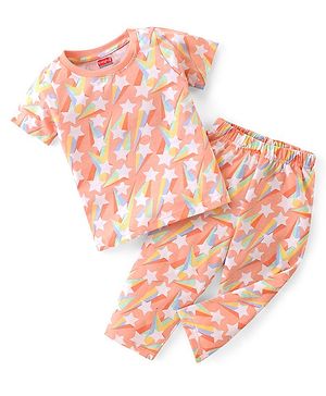 Babyhug Cotton Single Jersey Knit Half Sleeves Night Suit Star Print - Orange