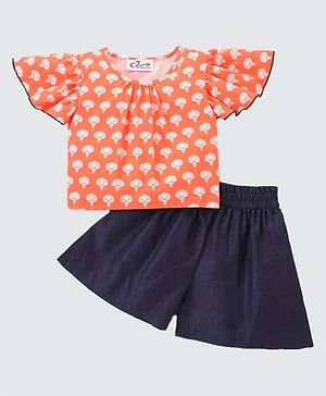M'andy Cotton Half Sleeves Floral Printed Top & Shorts Set - Peach