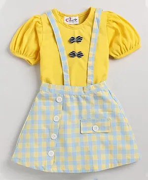 M'andy Cotton Half Sleeves Solid Top & Checked Skirt Set - Yellow