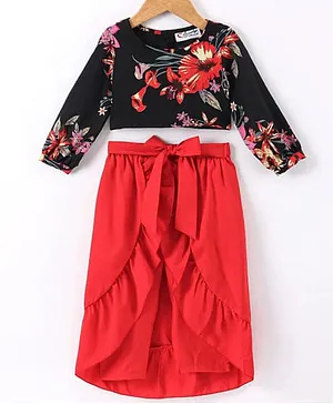 M'andy Cotton Full  Sleeves Floral Printed Crop Top With Frill Detailed  Skirt Set - Red