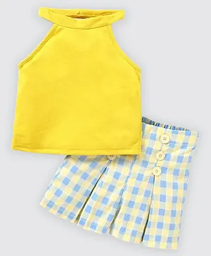 M'andy Halter Neck Solid Cotton Top With Checked Skirt -  Yellow