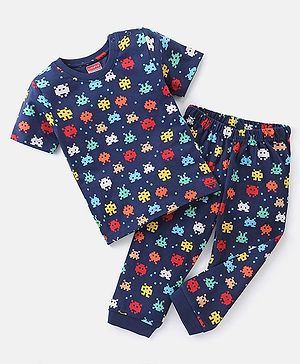 Babyhug Cotton Knit Half Sleeves Printed Night Suit - Blue