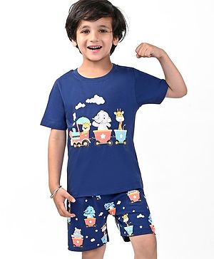 Babyhug Cotton Knit Half Sleeves Animal Printed Night Suit - Navy