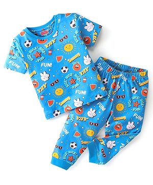Babyhug Cotton Knit Half Sleeves Night Suit With Summer Theme Print - Blue