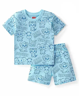 Babyhug Cotton Knit Half Sleeves Night Suit With Text & Tiger Print - Blue