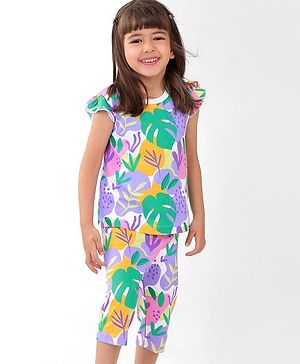 Babyhug Cotton Knit Single Jersey Frill Sleeves Night Suit with Print - Purple & Green