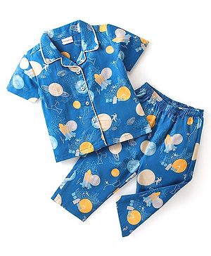 Babyhug Cotton Woven Half Sleeves Night Suit Astronut Print - Blue