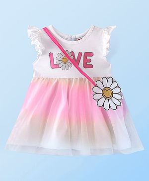 Babyhug Single Jersey Knit Frill Sleeves Text Print Frock with Floral Shaped Sling - White & Pink