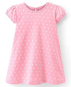 Babyhug Cotton Knit Single Jersey Half Sleeves Nighty with Heart Print - Pink