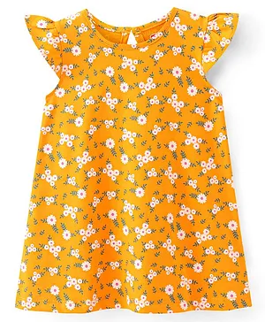 Babyhug Cotton Knit Cap Sleeves Nighty Floral Print - Yellow