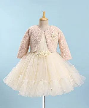 Enfance Floral Applique Net Dress With Full Sleeves Striped Jacket - Peach