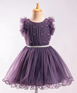 Enfance Frill Sleeves Pearl Embellished Net Dress - Purple