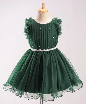 Enfance Frill Sleeves Pearl Embellished Net Dress - Peacock Green