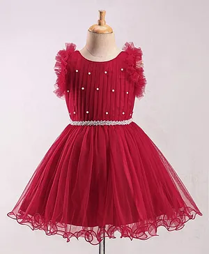 Enfance Frill Sleeves Pearl Embellished Net Dress - Red