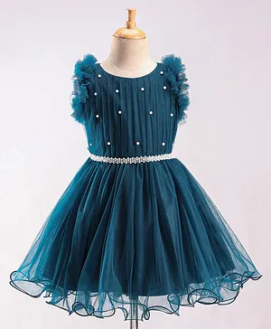 Enfance Frill Sleeves Pearl Embellished Net Dress - Peacock Blue