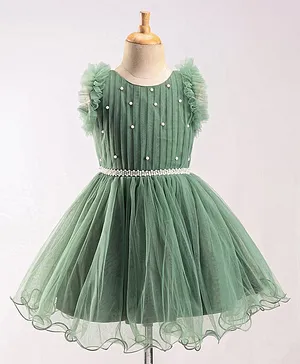 Enfance Frill Sleeves Pearl Embellished Net Dress - Pista Green