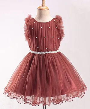 Enfance Frill Sleeves Pearl Embellished Net Dress - Peach