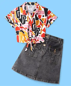Ollington St. Knitted Half Sleeves Abstract Printed Top & Stretchable Denim Skirt with Pockets - Multicolour & Black