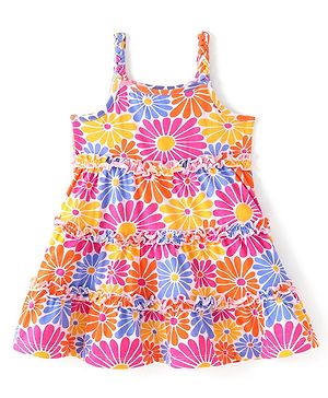 Babyhug Single Jersey Sleeveless Frocks Floral Print with Frill Detailing - Multicolour