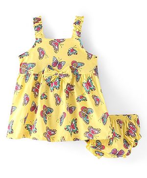 Babyhug Single Jersey Knit Singlet Sleeves Butterfly Printed Frock with Bloomer - Yellow