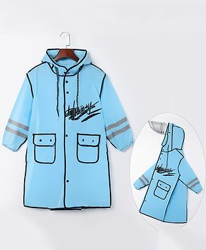 Pine Kids Full Sleeves Hooded Raincoat Text Print - Blue