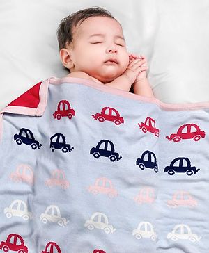 Babyhug Premium Knitted Cotton All Season Blanket Beep Beep Car Print