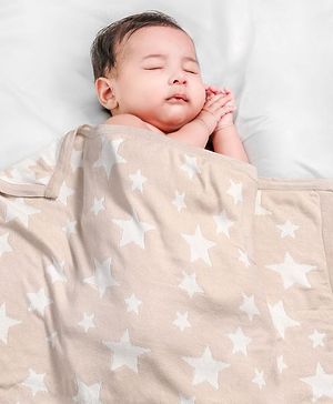Babyhug Premium Knitted Cotton All Season Blanket Star Print - Beige White