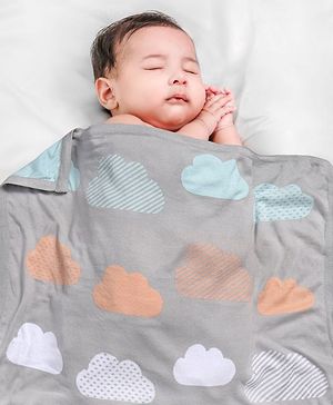 Babyhug Premium Knitted Cotton All Season Blanket Cloud Print - Grey Multicolour