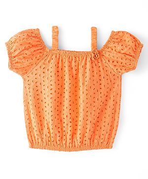 Babyhug Cotton Half Sleeve Schiffli Top With Bow Applique - Orange