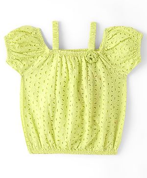 Babyhug Cotton Half Sleeve Schiffli Top With Bow Applique - Lime Green