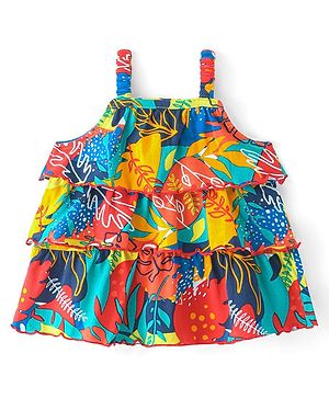 Babyhug 100% Cotton Knit Sleeveless Top with Frills & Tropical Theme- Multicolor